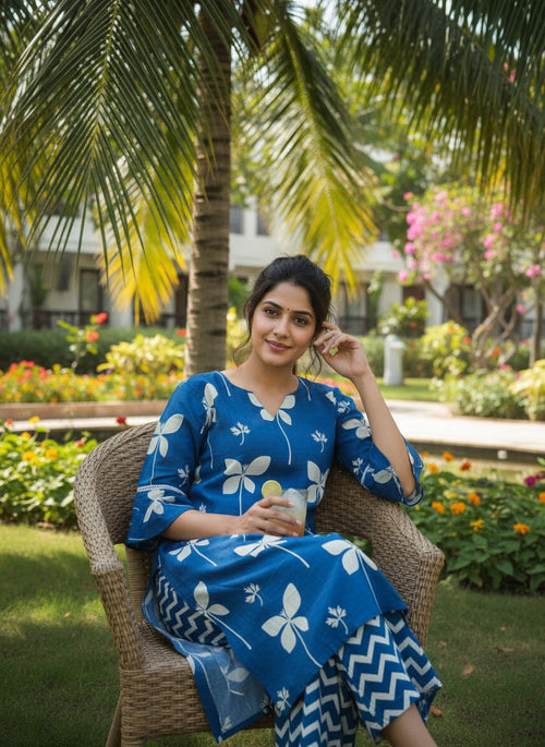 Blue Floral Printed Cotton Kurta Pant Set for Women