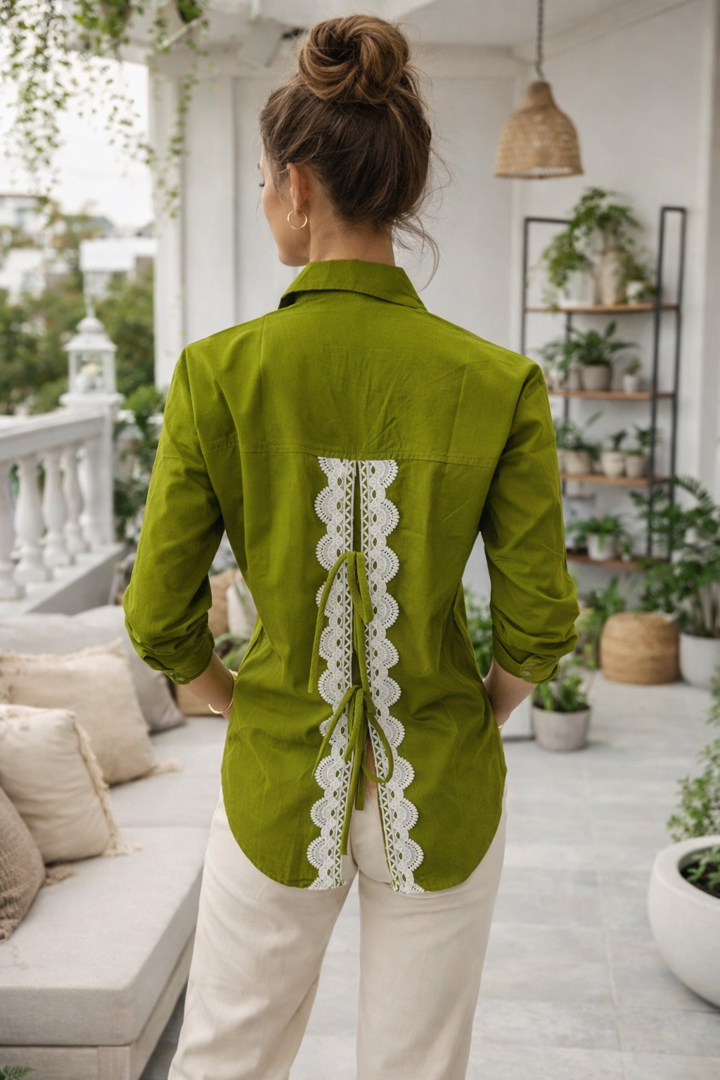 Elegant Green Cotton Embroidered Back Tie Shirt