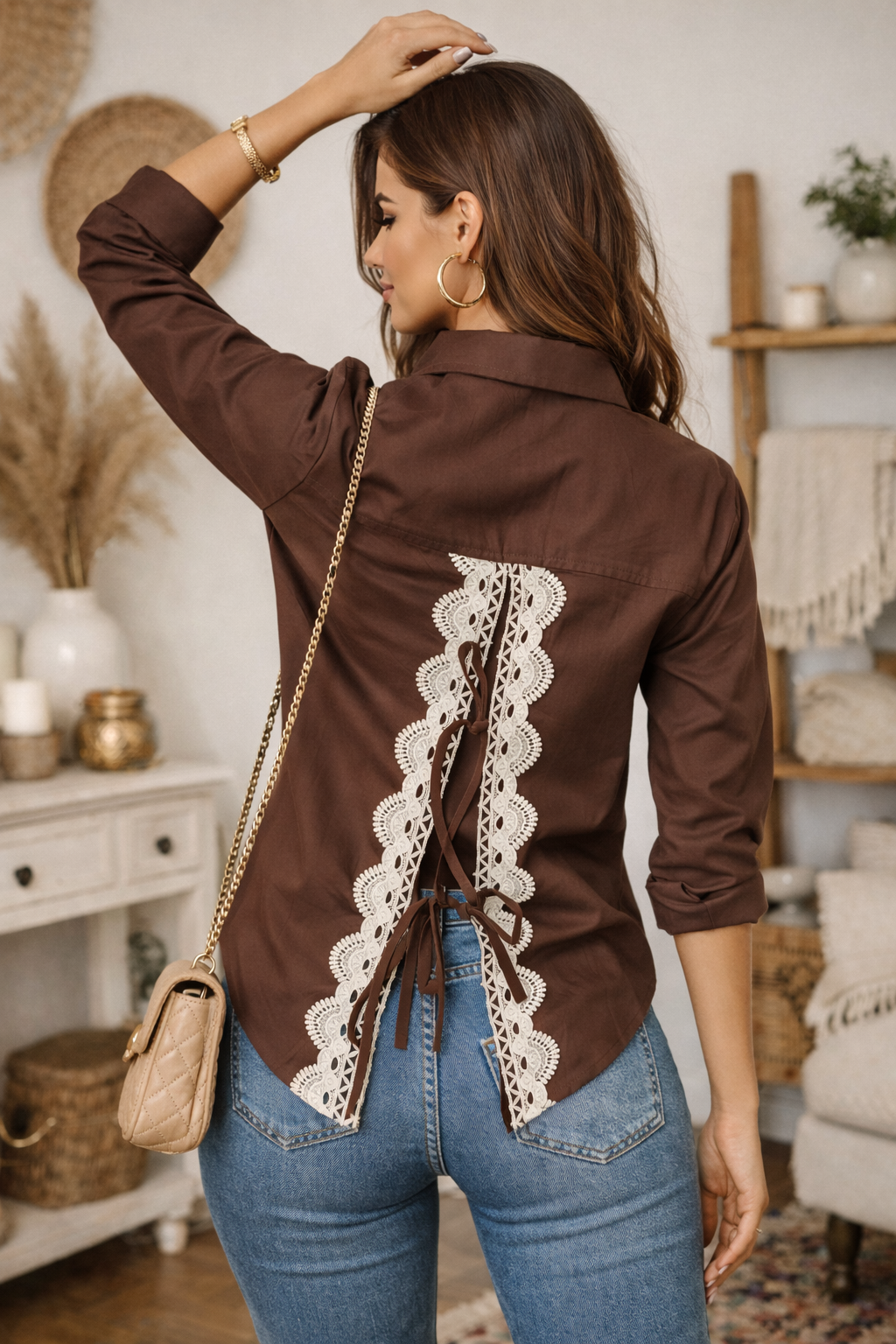 Elegant Brown Cotton Embroidered Back Tie Shirt
