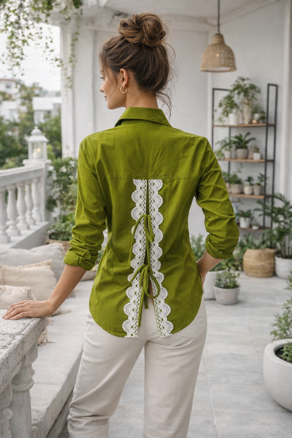 Elegant Green Cotton Embroidered Back Tie Shirt