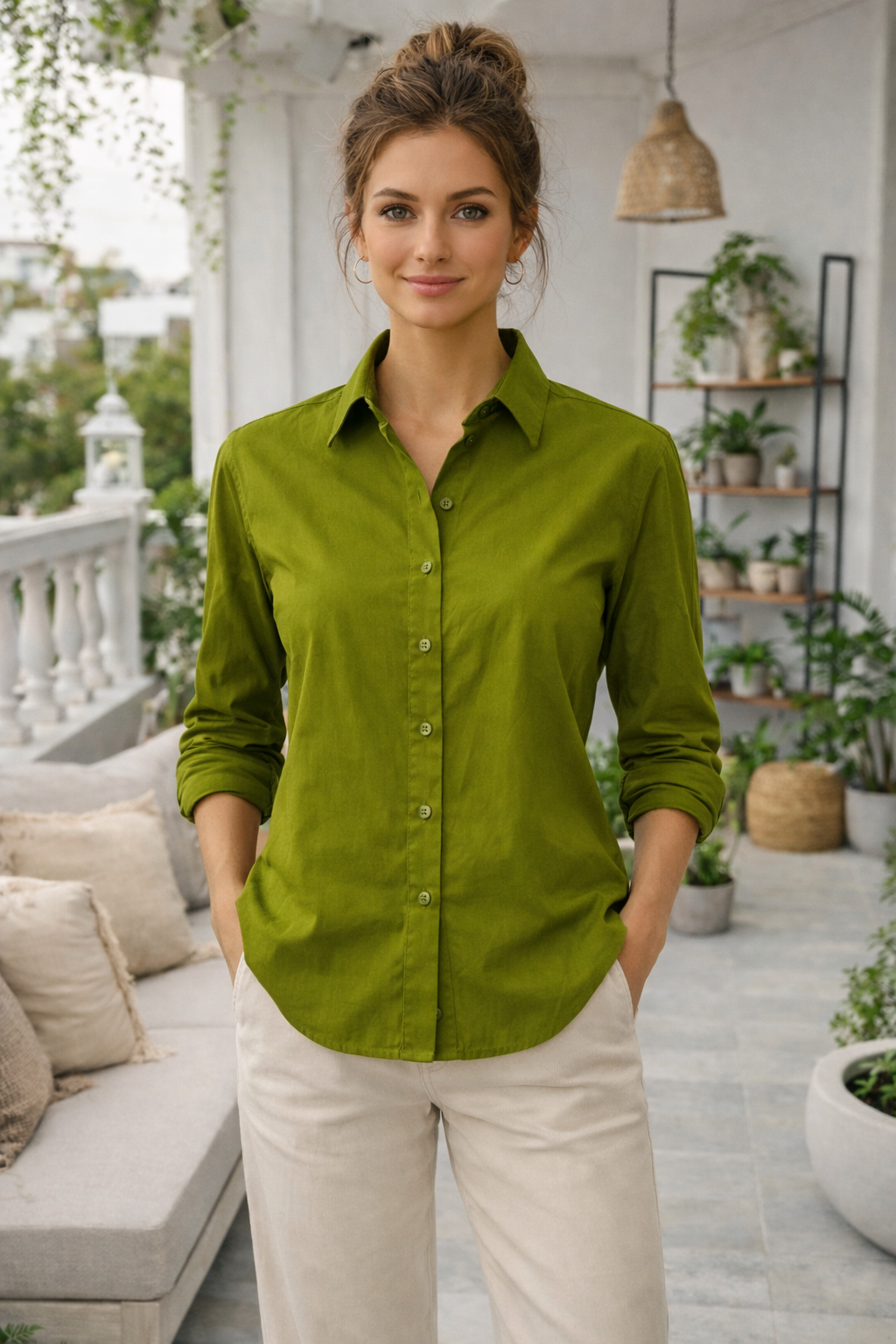 Elegant Green Cotton Embroidered Back Tie Shirt