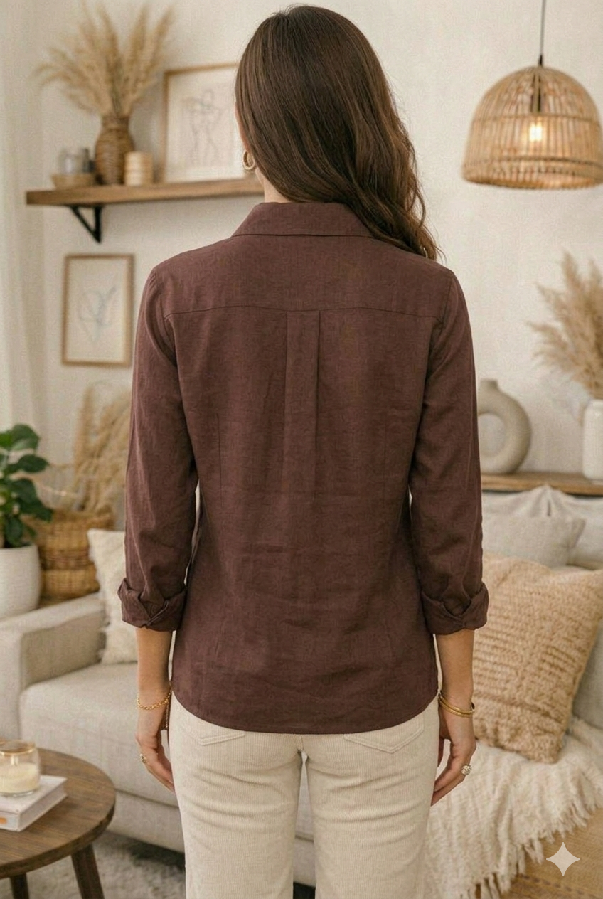 Brown Floral Embroidered Cotton Shirt for Women