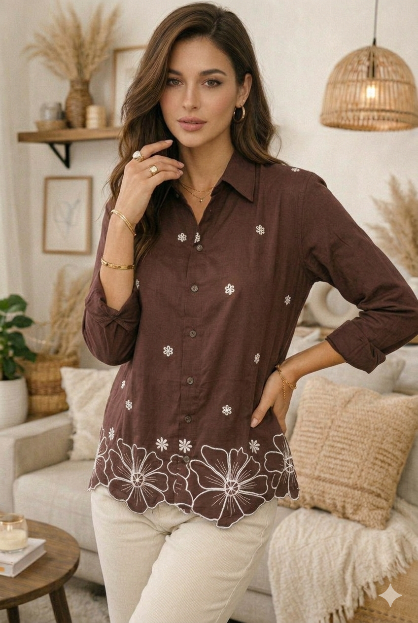 Brown Floral Embroidered Cotton Shirt for Women